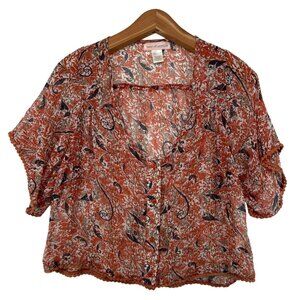 Band of Gypsies Women Top Sz S Cinnamon/Navy Floral Sheer Pom-Pom Trim Boho Crop